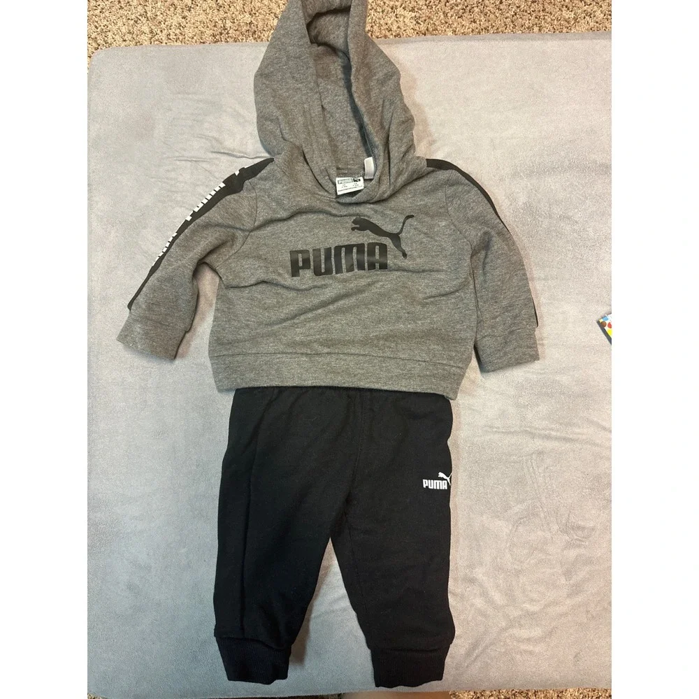 Puma Infant Tracksuit Set Hoodie & Pants Logo Gray Black 3-6M - Picture 2 of 8